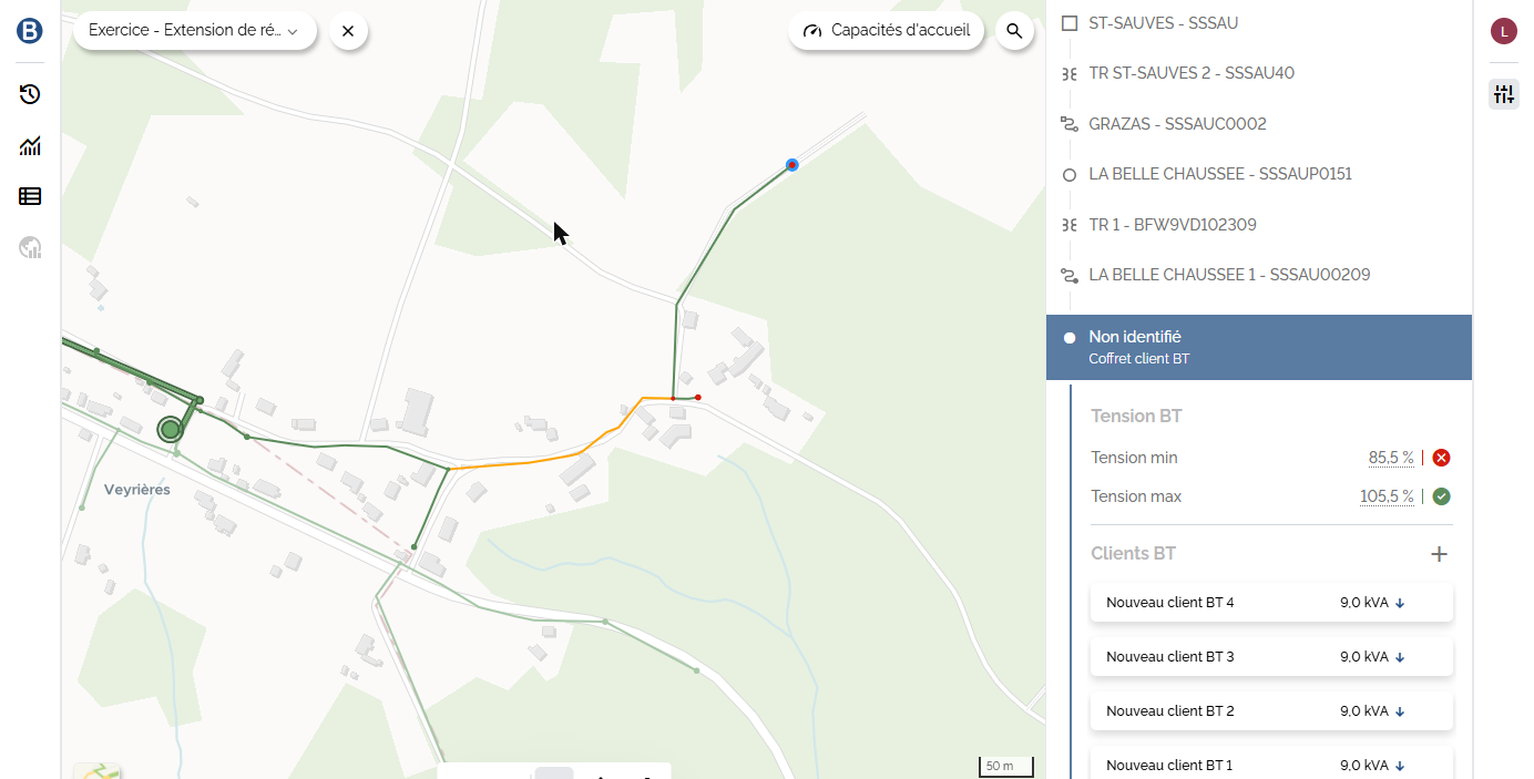 Tension min à 85,5 %, portion du départ en orange