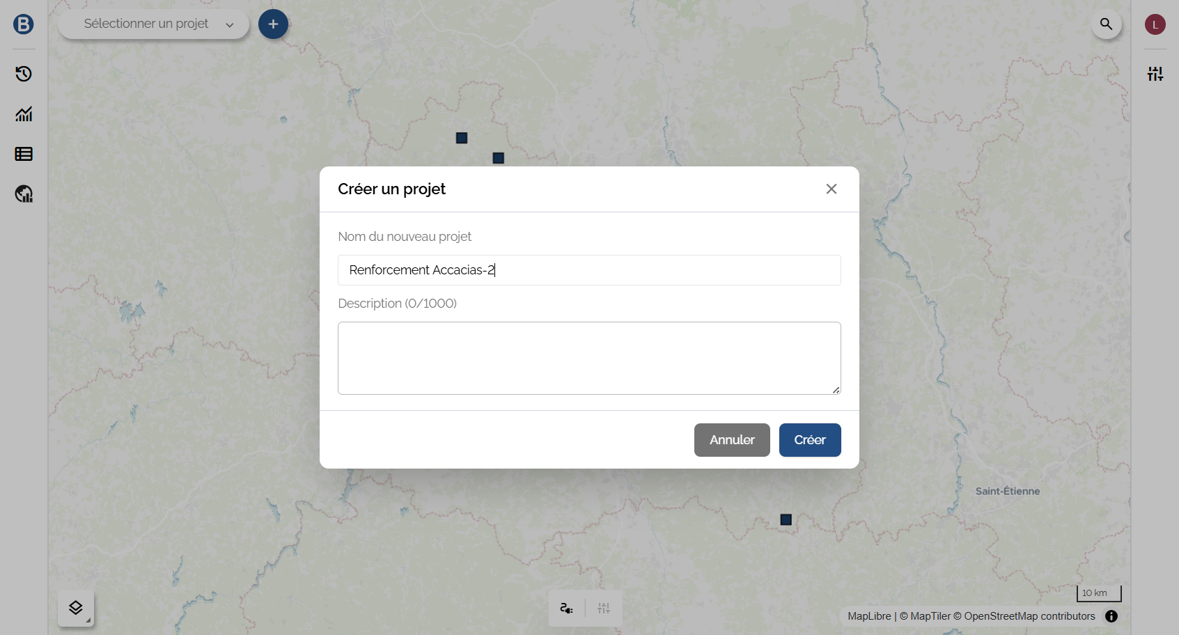 La fenêtre de création de projet