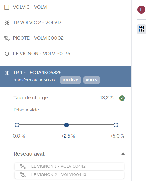 Fiche du transformateur amont, réseau aval et prise à vide